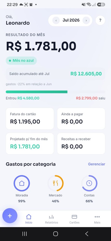 LP Finanças no celular - tela inicial