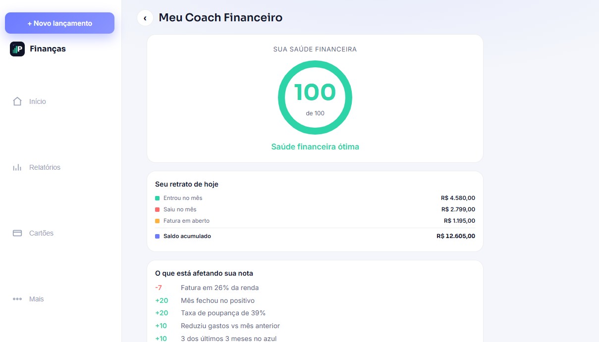 Coach financeiro com nota de saúde